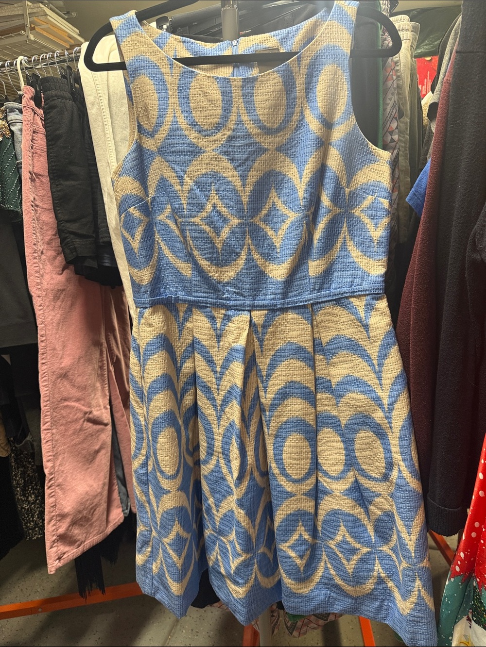 Taylor Blue and Cream Geometric Sleeveless Fit-and-Flare Dress